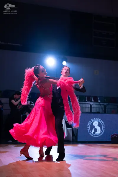 Dancesport competitor: Female dancer: fuchsia ballroom gown with large pink feather detailing on the ar