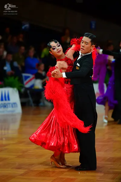 Dancesport competitor: Female dancer: red Latin dress with red feather/fringe accents and a shiny red s