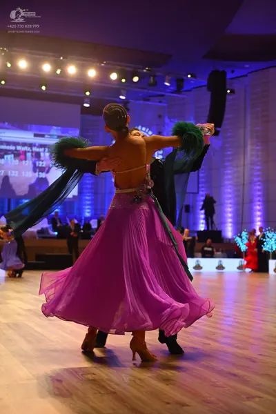 Dancesport competitor: Female dancer: magenta ballroom gown with a flowing skirt, an embellished bodice