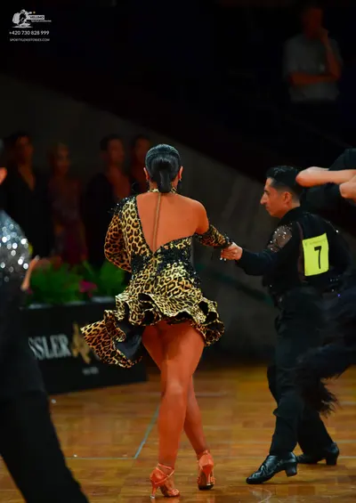 Dancesport competitor: Female dancer: leopard print Latin dress with a flared skirt