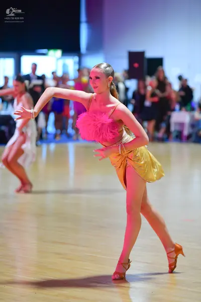 Dancesport competitor: Female dancer (foreground): pink and gold Latin dance dress with a textured pink