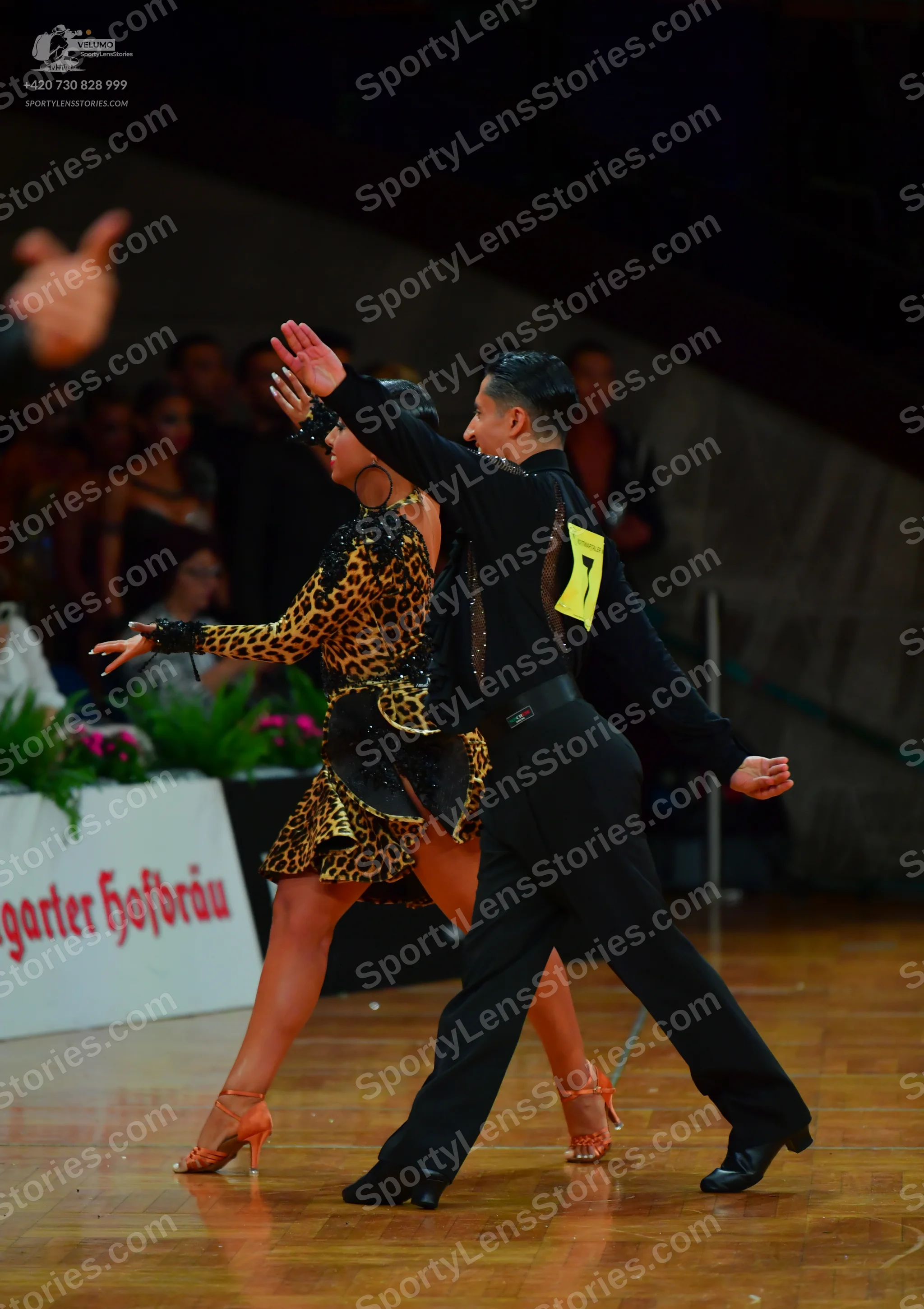 Dancesport competitor: Female dancer: leopard print latin dress with long sleeves