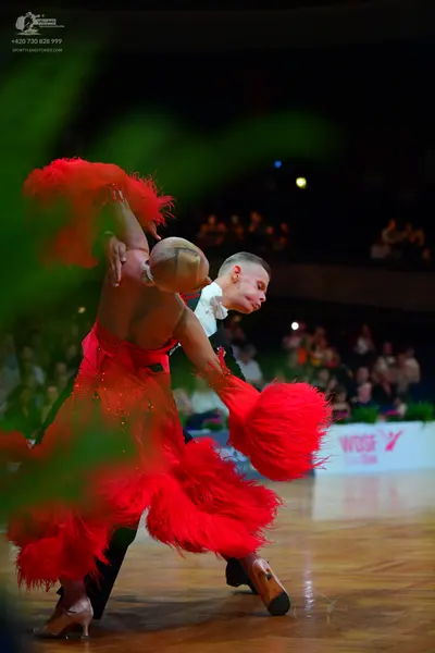 Dancesport competitor: Female dancer: red latin dress with large red feather/fringe elements