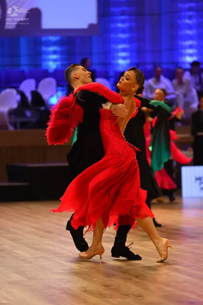 Dancesport competitor: Male dancer: black long-sleeved dance top with red feathery trim