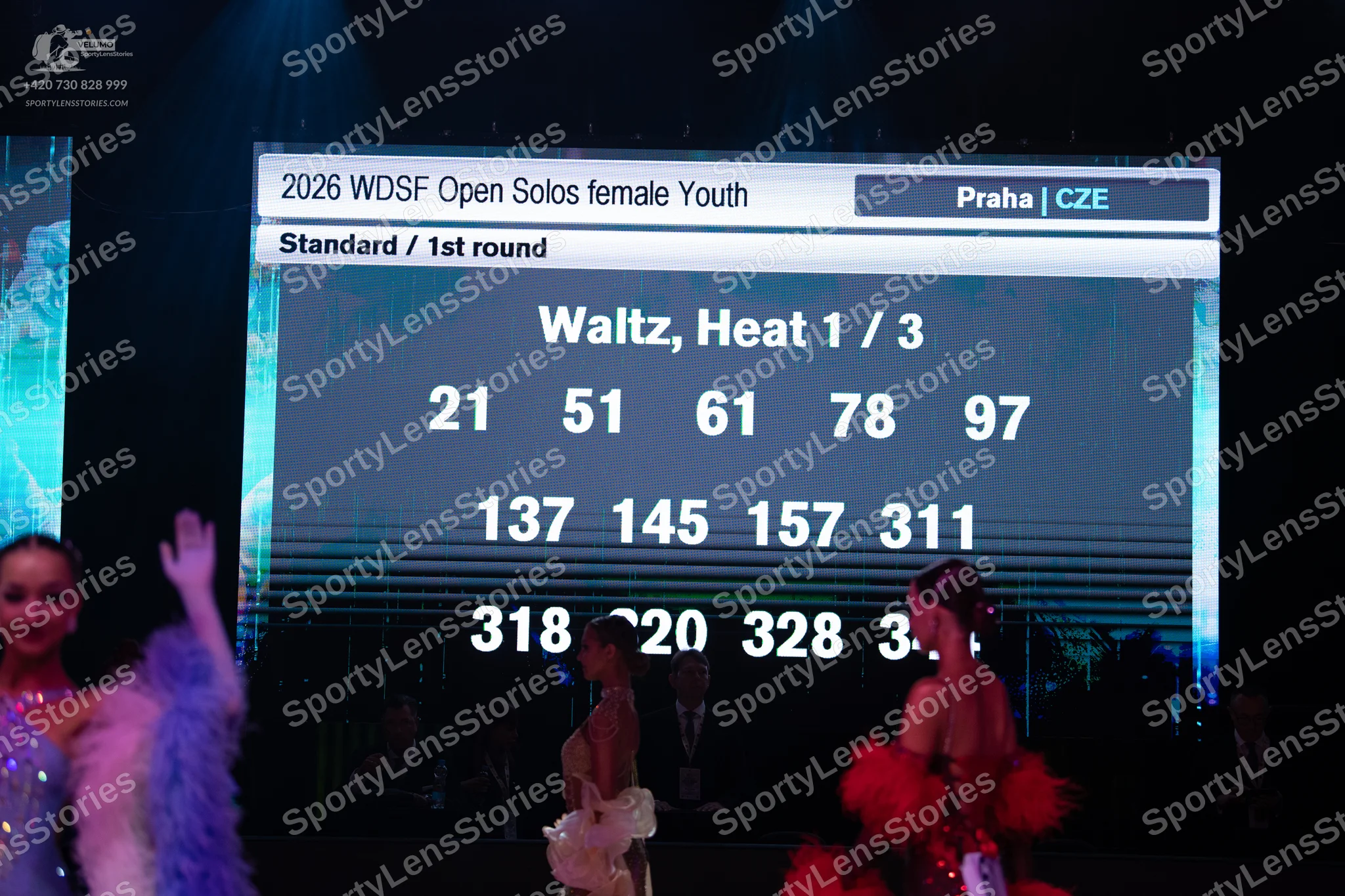 Dancesport competitor: Female dancer 1: purple sequin dress with purple/blue feathered trim