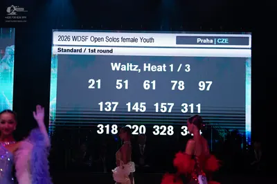 Dancesport competitor: Female dancer 1: purple sequin dress with purple/blue feathered trim