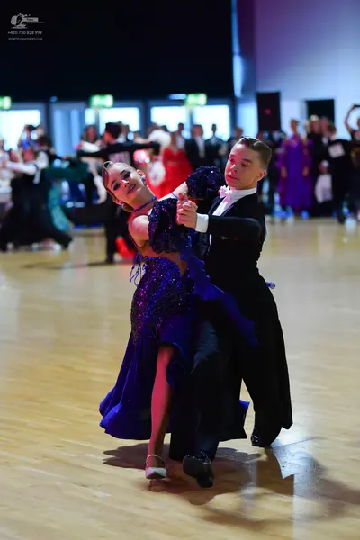Dancesport competitor: Female dancer: deep purple/blue sequined ballgown with a textured, lace-like bod