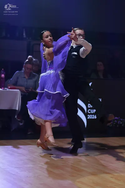 Dancesport competitor: Female dancer: purple ballroom dress with a flowing, layered skirt and a decorat