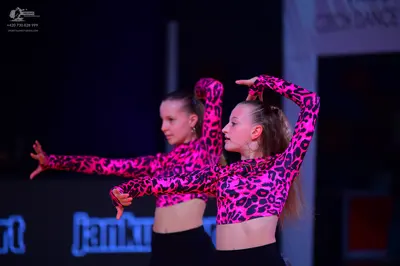 Dancesport competitor: Both dancers: matching long-sleeved crop tops with a bright pink and black leopa