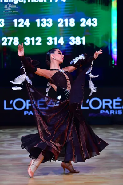 Dancesport competitor: Female dancer: dark brown/bronze Latin dance dress with shimmering fabric, featu