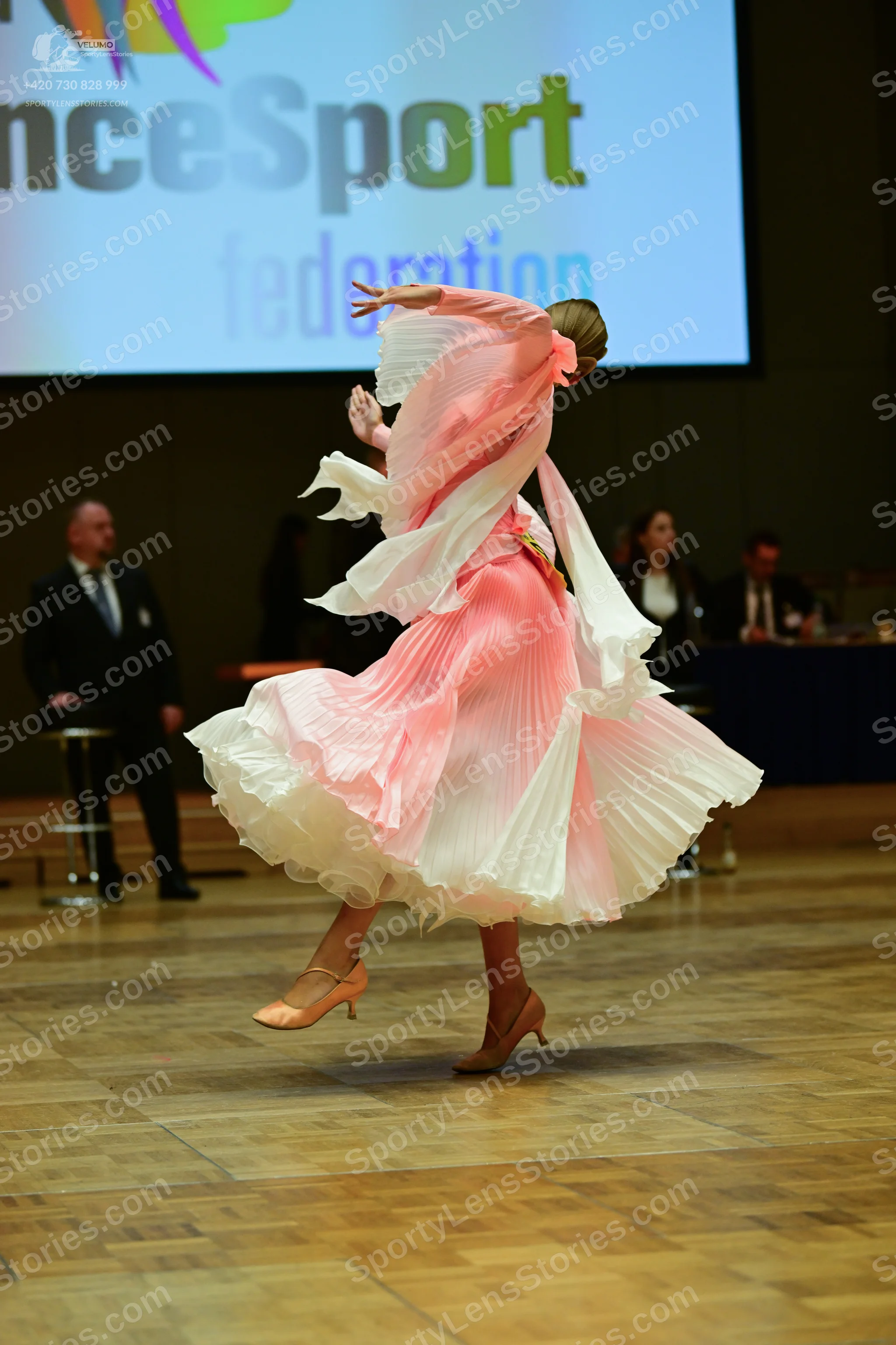 Dancesport competitor: Here's a breakdown of the dancers' costumes in the photo, based on your requeste