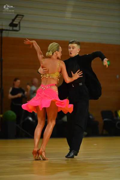 Dancesport competitor: Female dancer: gold sequined crop top and bright pink latin skirt