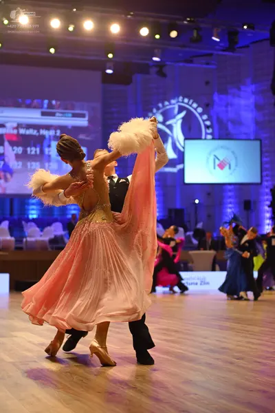 Dancesport competitor: Female dancer: pink ballgown with sequin bodice and large feather accents on sle