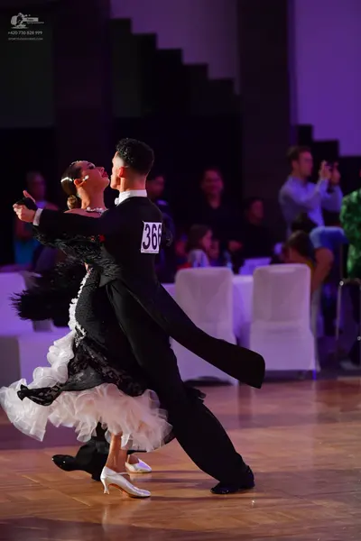 Dancesport competitor #366: Male dancer: black tailcoat suit with a white shirt and black bow tie