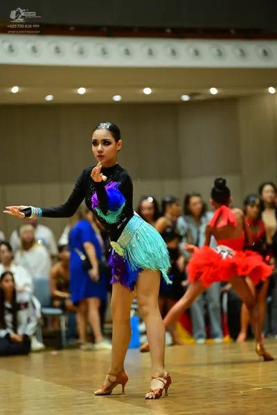 Dancesport competitor: Female dancer: black long-sleeved latin dress with blue, purple, and cyan fringe