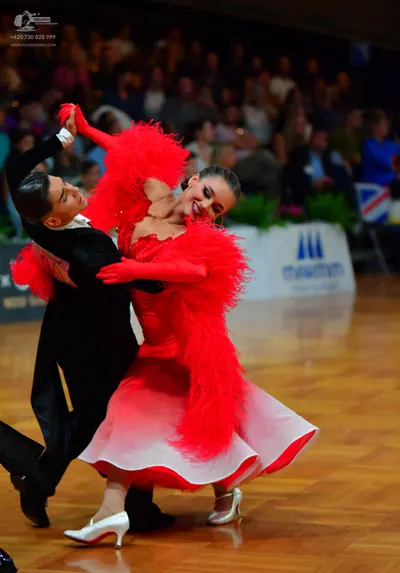 Dancesport competitor: Male dancer: black suit with a white shirt collar