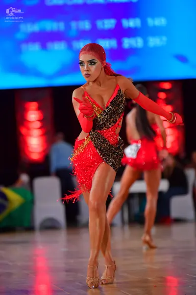 Dancesport competitor: Female dancer: leopard print and red Latin dress with long red fringe and gold a