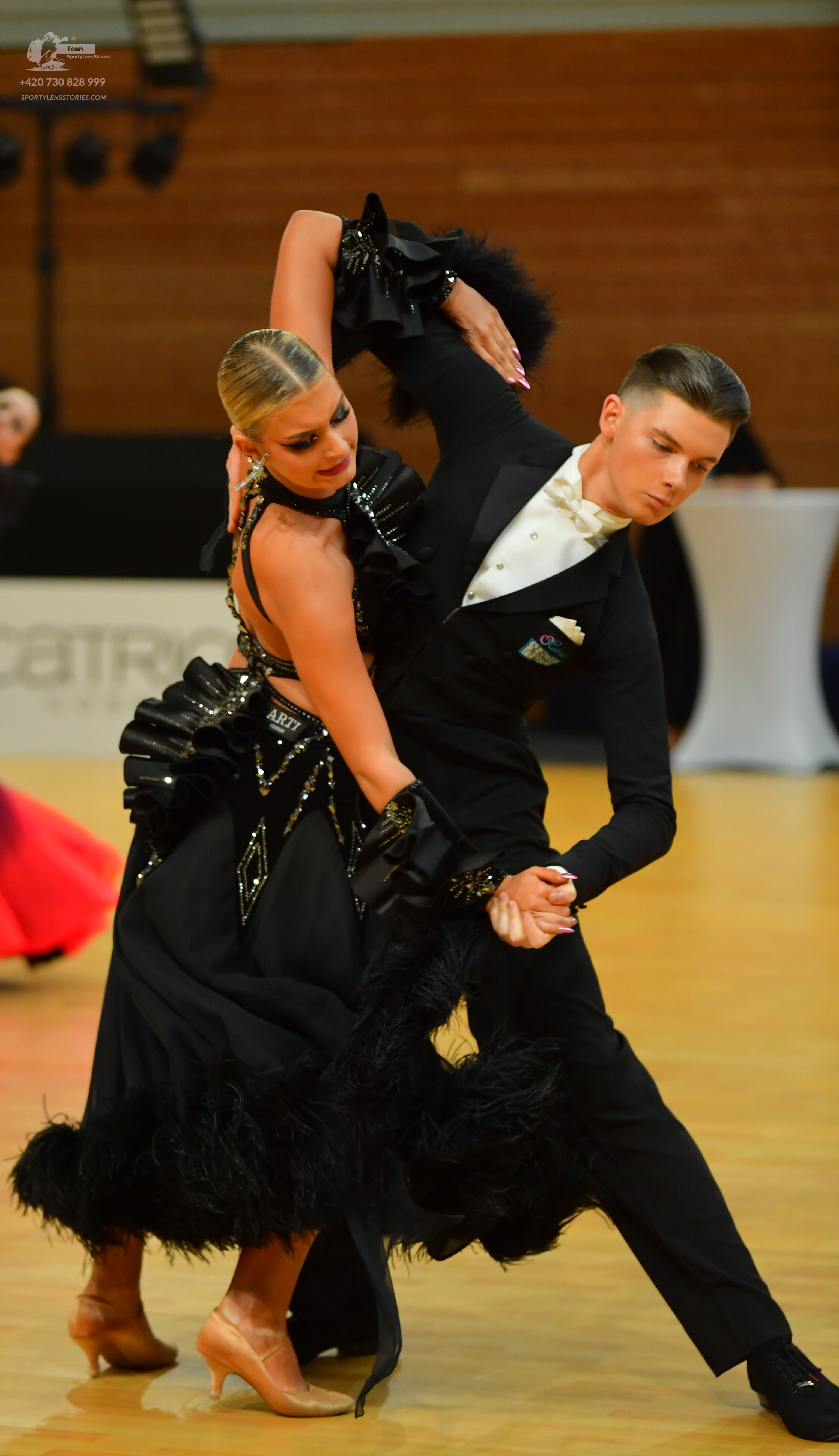 Dancesport competitor: ** Black tailsuit
*   **Fabric:** Primarily sequins, with a satin or satin-like 