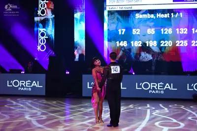 Dancesport competitor: Male dancer: black shirt and black trousers