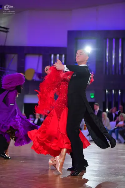 Dancesport competitor: Male dancer: black tailcoat suit with a white design on the back, black trousers
