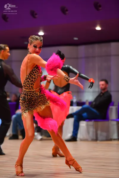 Dancesport competitor: Female dancer (foreground): leopard print Latin dress with gold fringe and a lar
