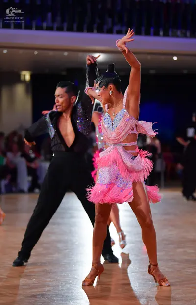 Dancesport competitor: Male dancer: black long-sleeved shirt with silver sequins and black trousers