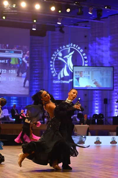Dancesport competitor: Male dancer: black suit with a white shirt and black bow tie