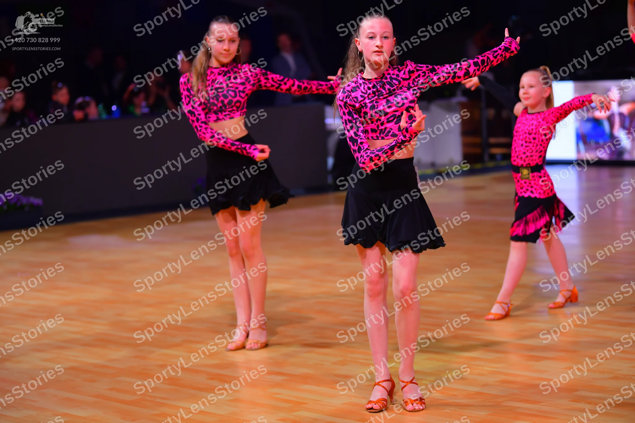 Dancesport competitor: Three female dancers wearing matching pink and black leopard print Latin costume