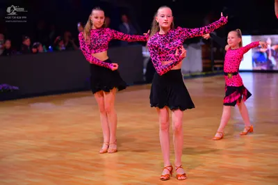 Dancesport competitor: Three female dancers wearing matching pink and black leopard print Latin costume